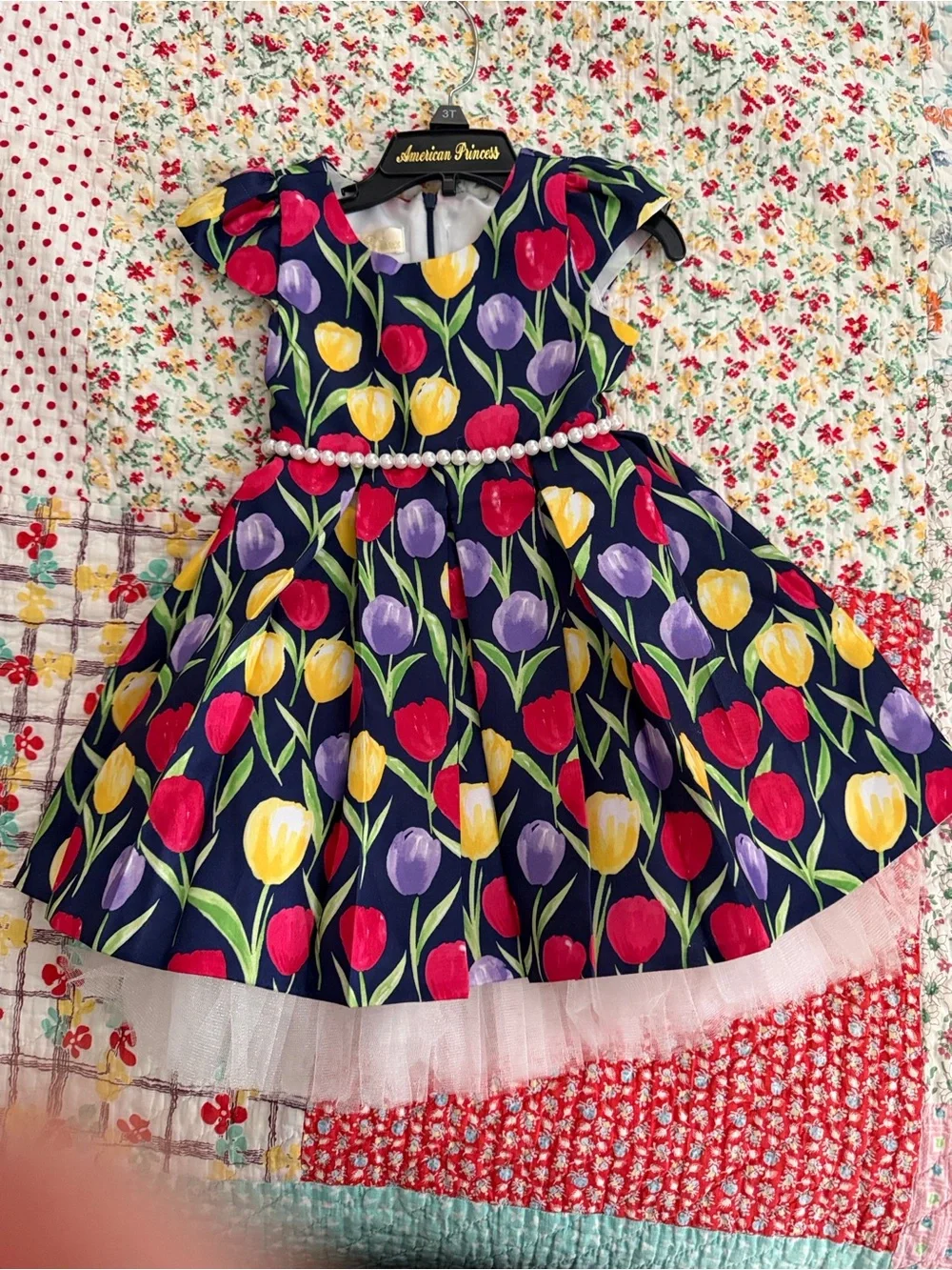 American Princess Navy Tulip Print Party Dress with Pearl Belt